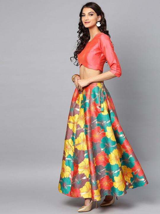 multi color Silk printed kalidar lehenga choli