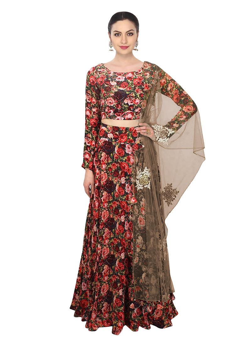 Multi Color Taffeta Silk Fabric Printed Lehenga With Net Dupatta