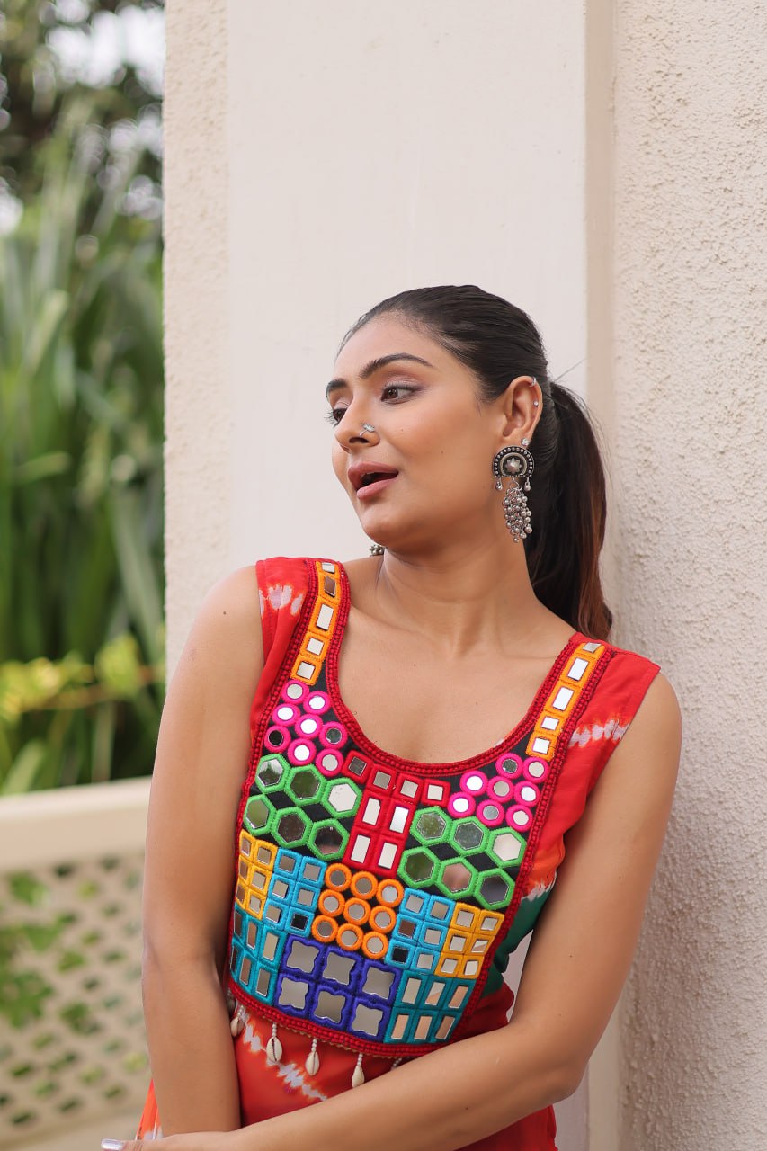 Multi Colour Bandhej Printed Georgette Kurti with Kutchi Gamthi Mirror & Codi Lace Work