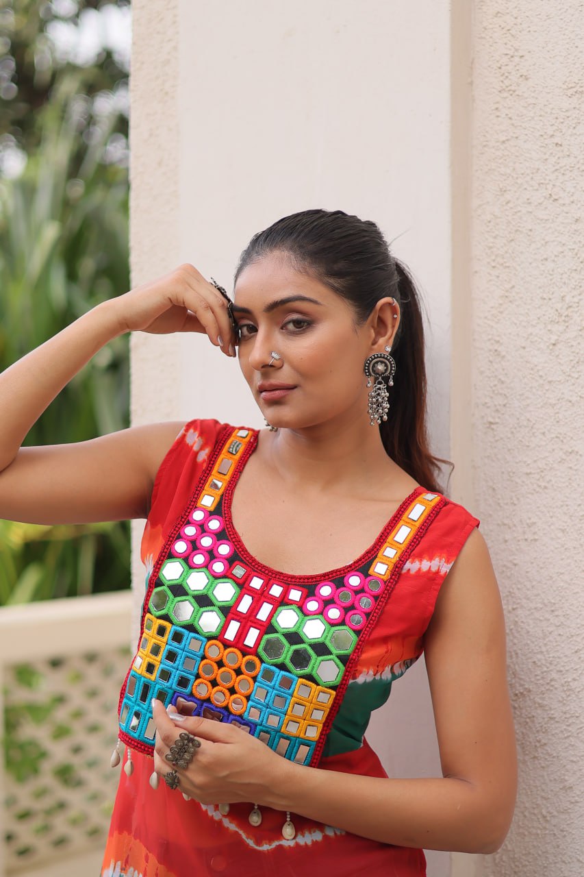 Multi Colour Bandhej Printed Georgette Kurti with Kutchi Gamthi Mirror & Codi Lace Work