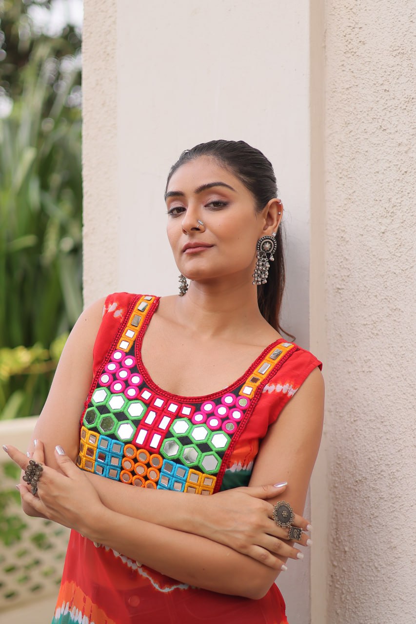 Multi Colour Bandhej Printed Georgette Kurti with Kutchi Gamthi Mirror & Codi Lace Work
