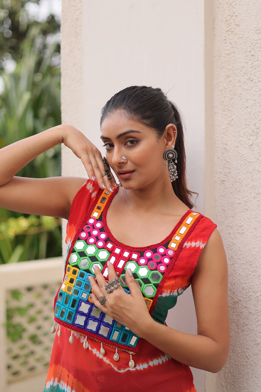 Multi Colour Bandhej Printed Georgette Kurti with Kutchi Gamthi Mirror & Codi Lace Work