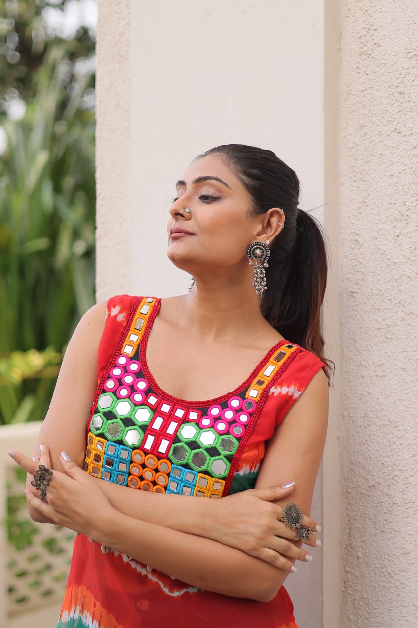 Multi Colour Bandhej Printed Georgette Kurti with Kutchi Gamthi Mirror & Codi Lace Work