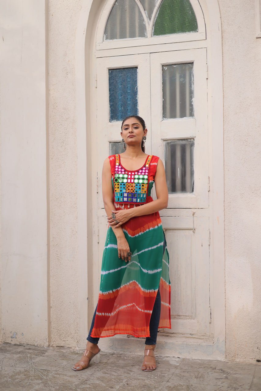 Multi Colour Bandhej Printed Georgette Kurti with Kutchi Gamthi Mirror & Codi Lace Work