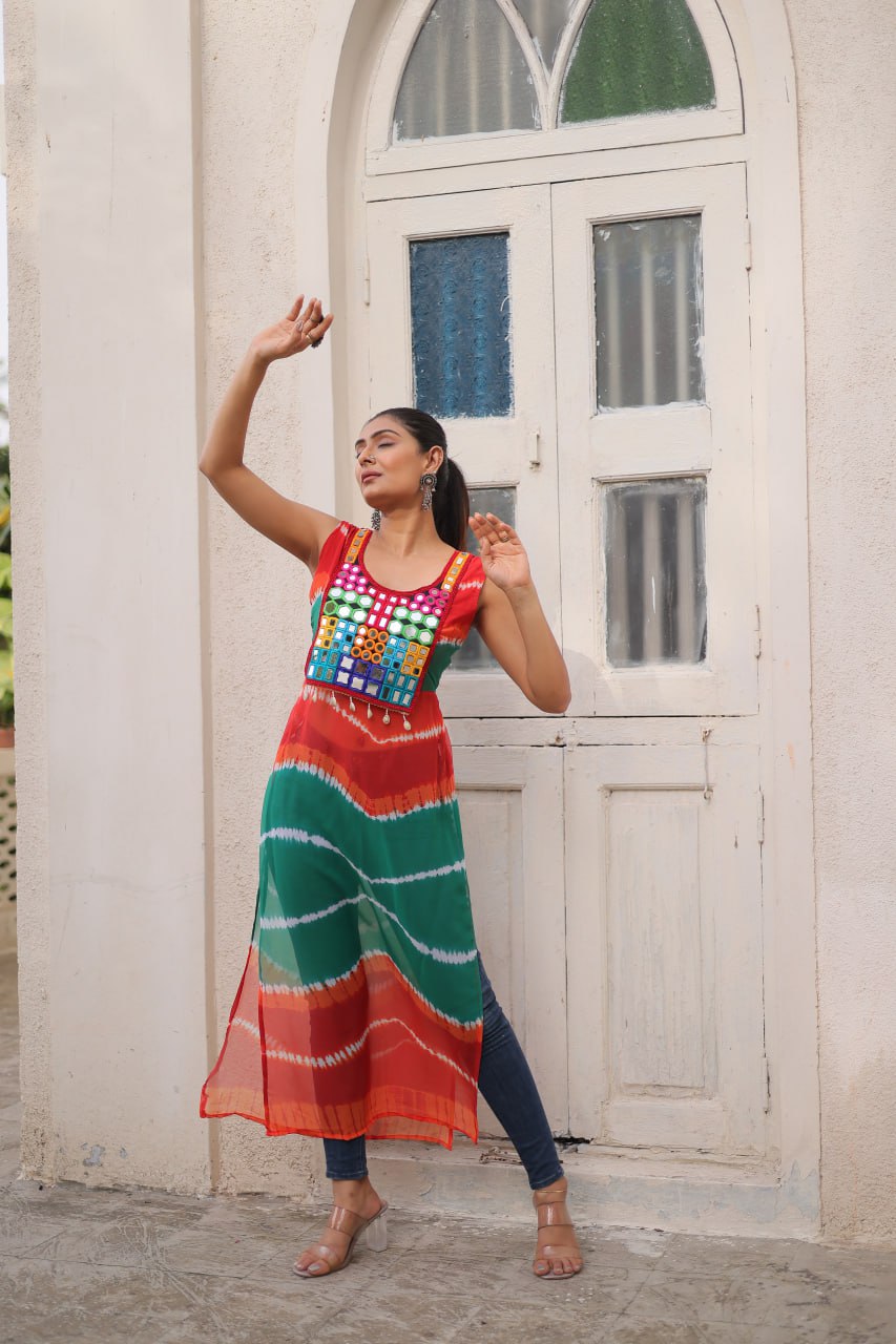 Multi Colour Bandhej Printed Georgette Kurti with Kutchi Gamthi Mirror & Codi Lace Work