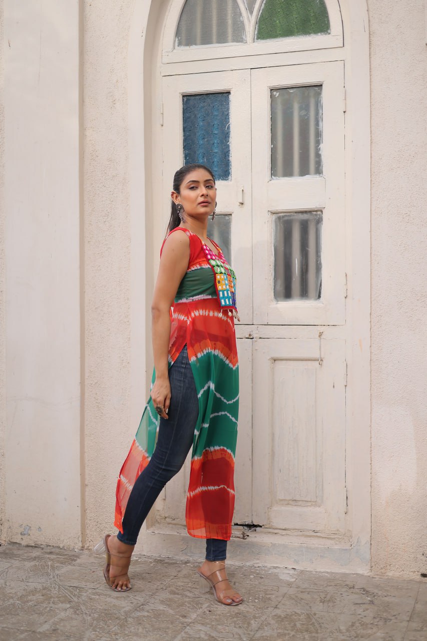 Multi Colour Bandhej Printed Georgette Kurti with Kutchi Gamthi Mirror & Codi Lace Work
