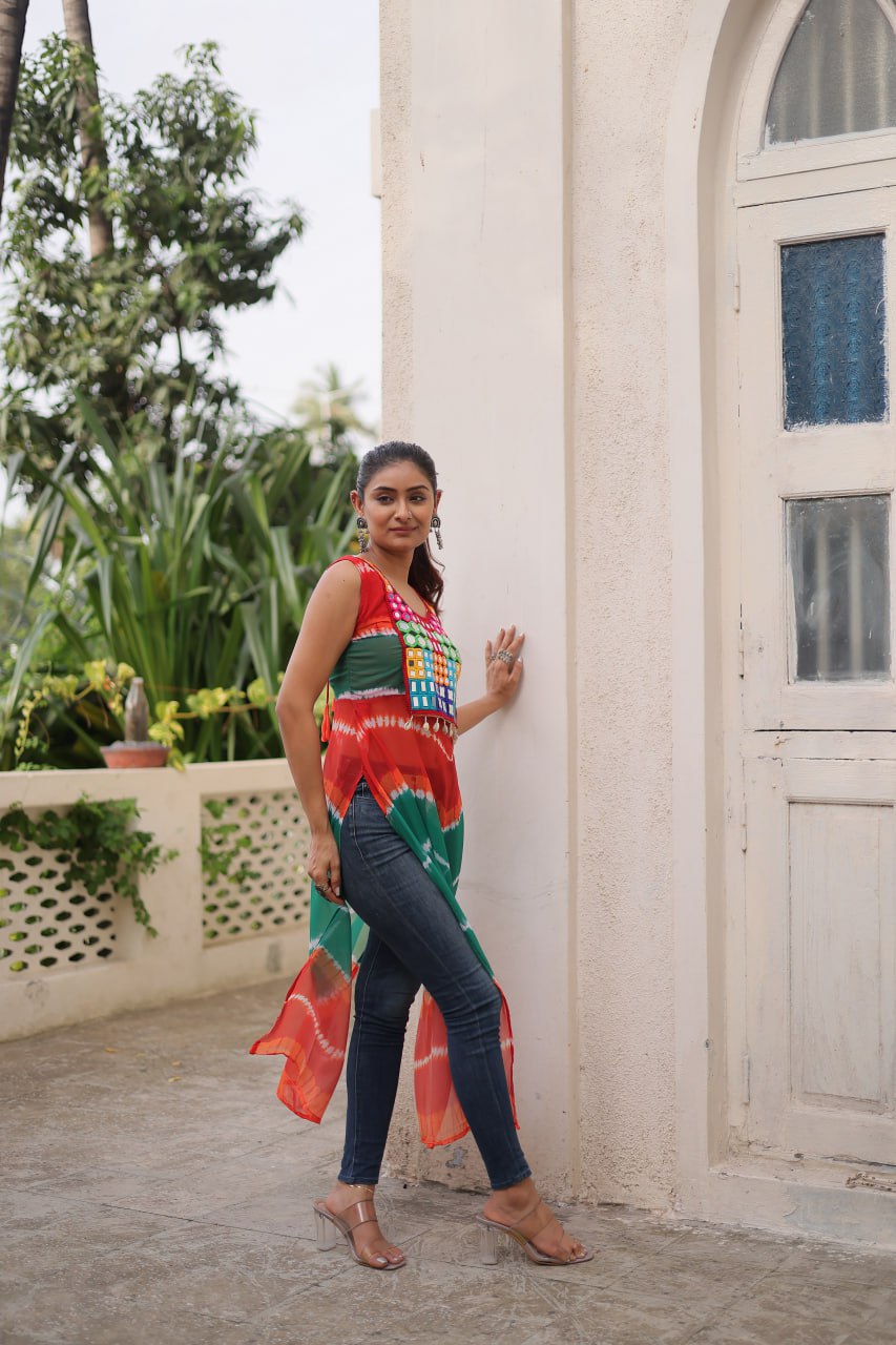 Multi Colour Bandhej Printed Georgette Kurti with Kutchi Gamthi Mirror & Codi Lace Work