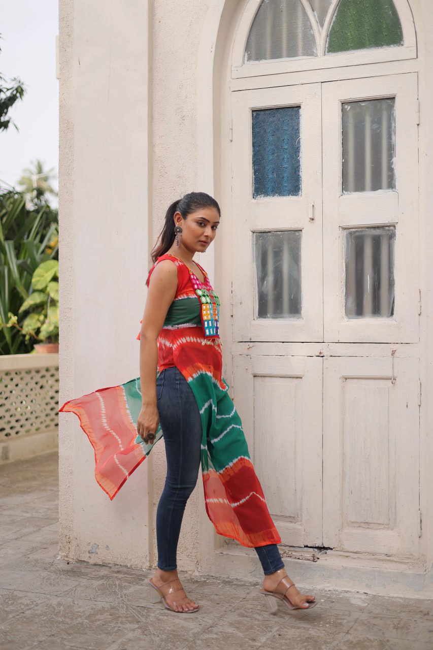 Multi Colour Bandhej Printed Georgette Kurti with Kutchi Gamthi Mirror & Codi Lace Work