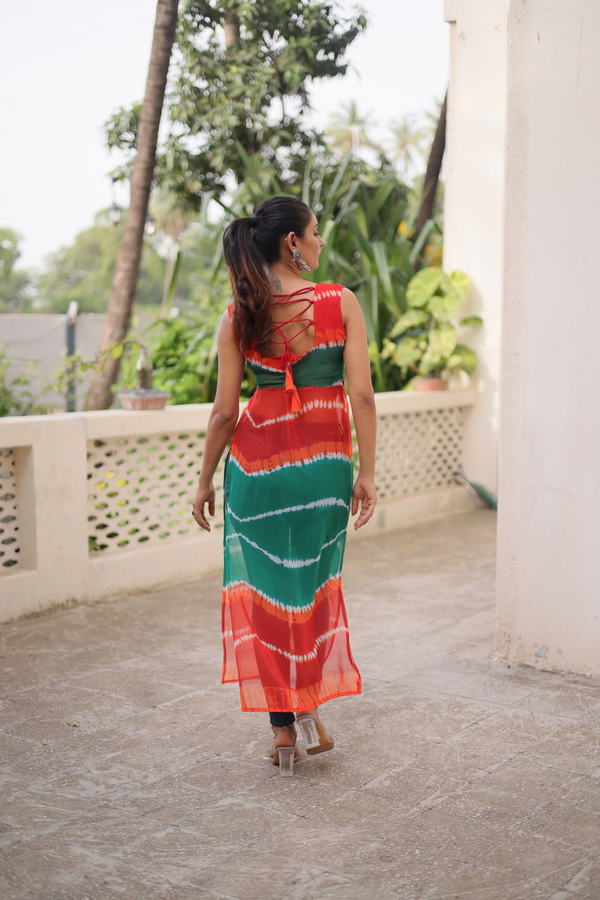 Multi Colour Bandhej Printed Georgette Kurti with Kutchi Gamthi Mirror & Codi Lace Work