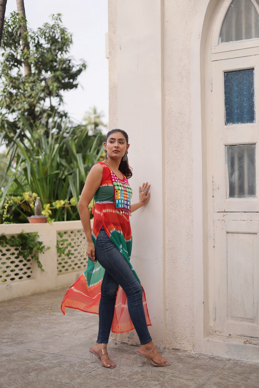 Multi Colour Bandhej Printed Georgette Kurti with Kutchi Gamthi Mirror & Codi Lace Work