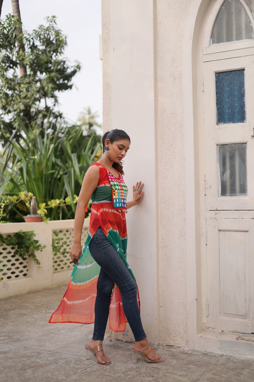 Multi Colour Bandhej Printed Georgette Kurti with Kutchi Gamthi Mirror & Codi Lace Work