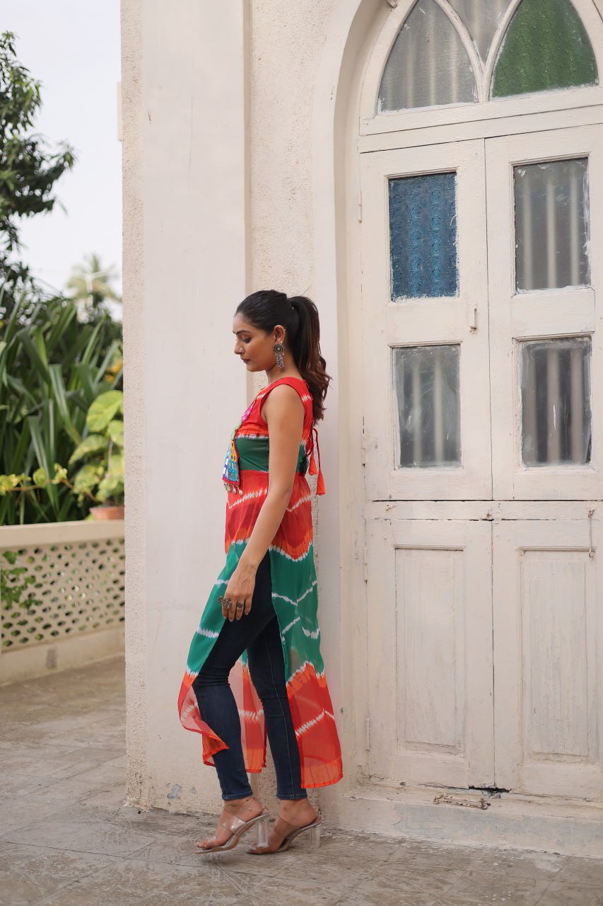 Multi Colour Bandhej Printed Georgette Kurti with Kutchi Gamthi Mirror & Codi Lace Work