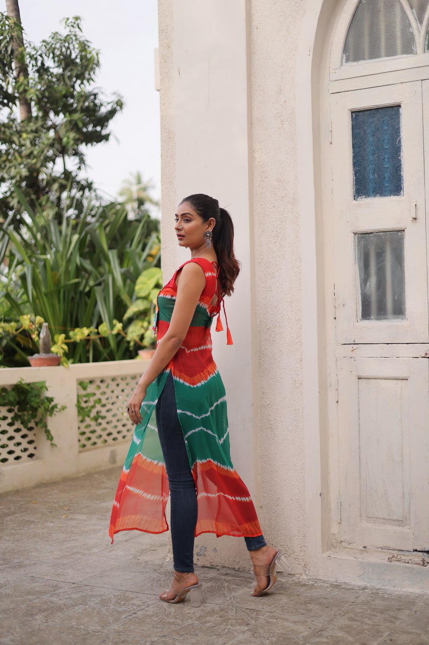 Multi Colour Bandhej Printed Georgette Kurti with Kutchi Gamthi Mirror & Codi Lace Work