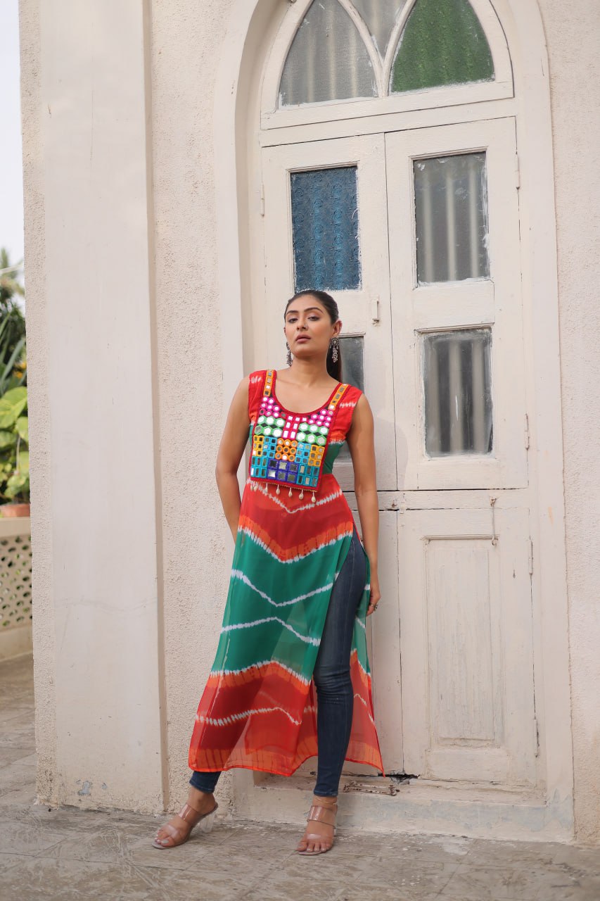 Multi Colour Bandhej Printed Georgette Kurti with Kutchi Gamthi Mirror & Codi Lace Work