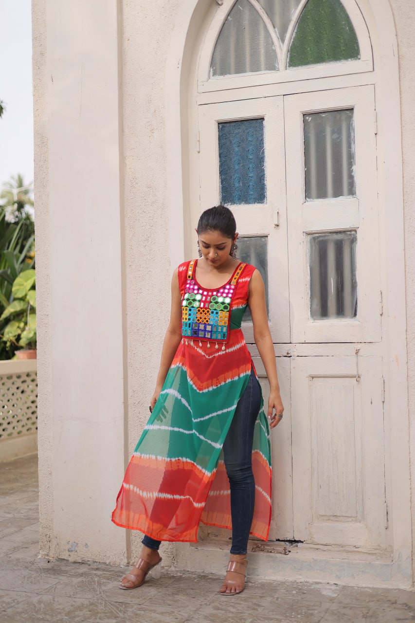 Multi Colour Bandhej Printed Georgette Kurti with Kutchi Gamthi Mirror & Codi Lace Work