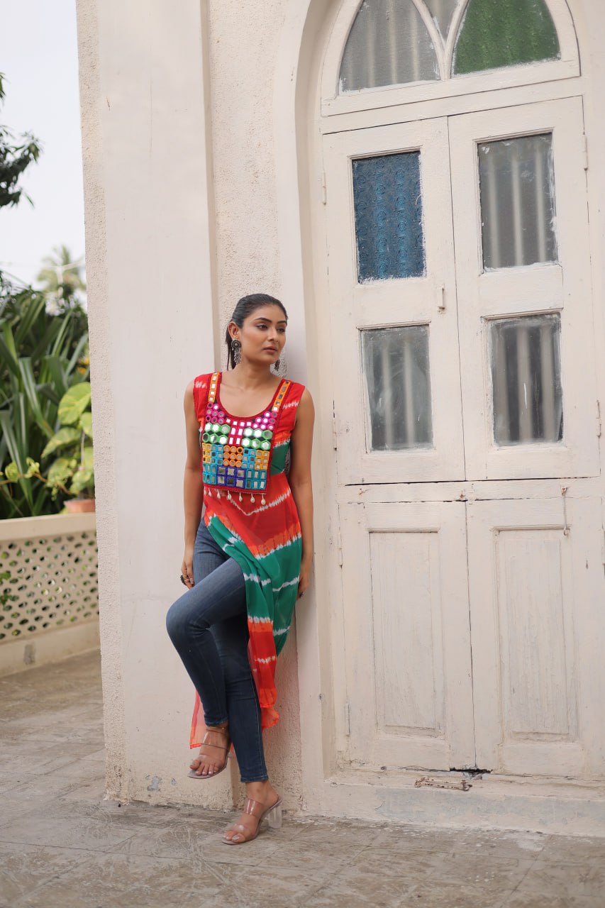 Multi Colour Bandhej Printed Georgette Kurti with Kutchi Gamthi Mirror & Codi Lace Work