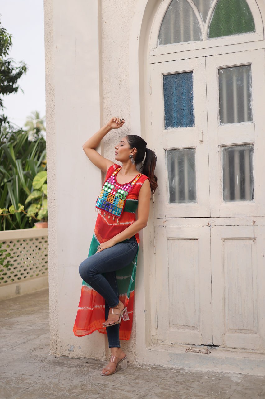 Multi Colour Bandhej Printed Georgette Kurti with Kutchi Gamthi Mirror & Codi Lace Work