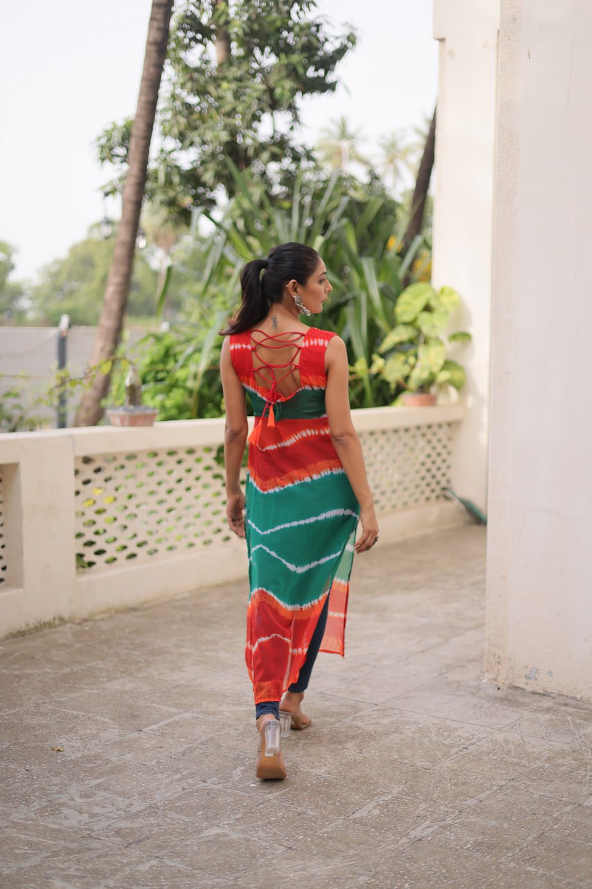 Multi Colour Bandhej Printed Georgette Kurti with Kutchi Gamthi Mirror & Codi Lace Work