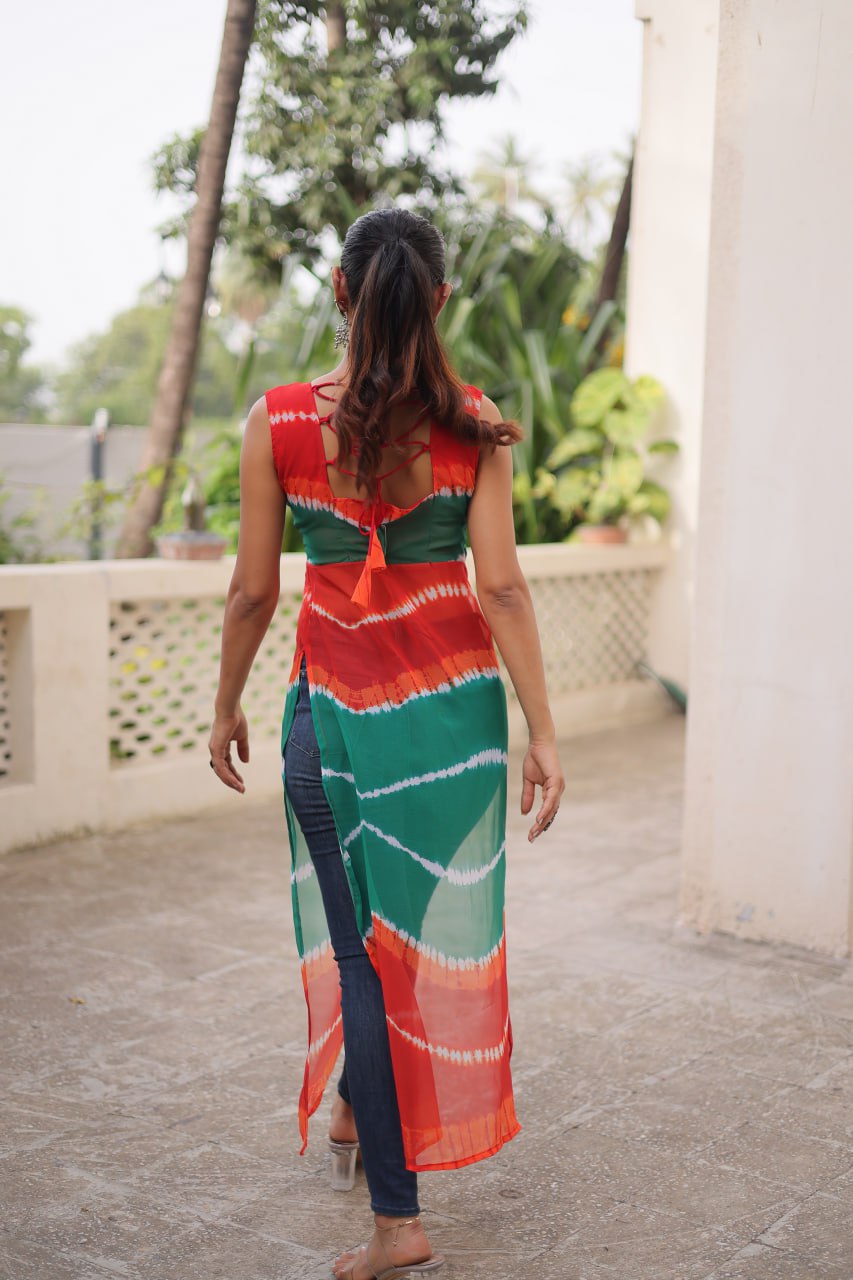 Multi Colour Bandhej Printed Georgette Kurti with Kutchi Gamthi Mirror & Codi Lace Work