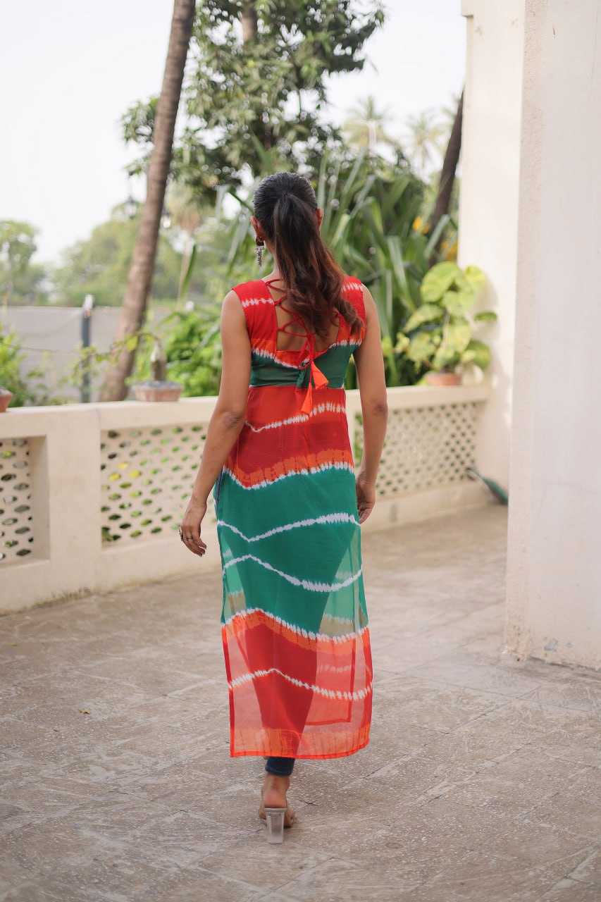 Multi Colour Bandhej Printed Georgette Kurti with Kutchi Gamthi Mirror & Codi Lace Work