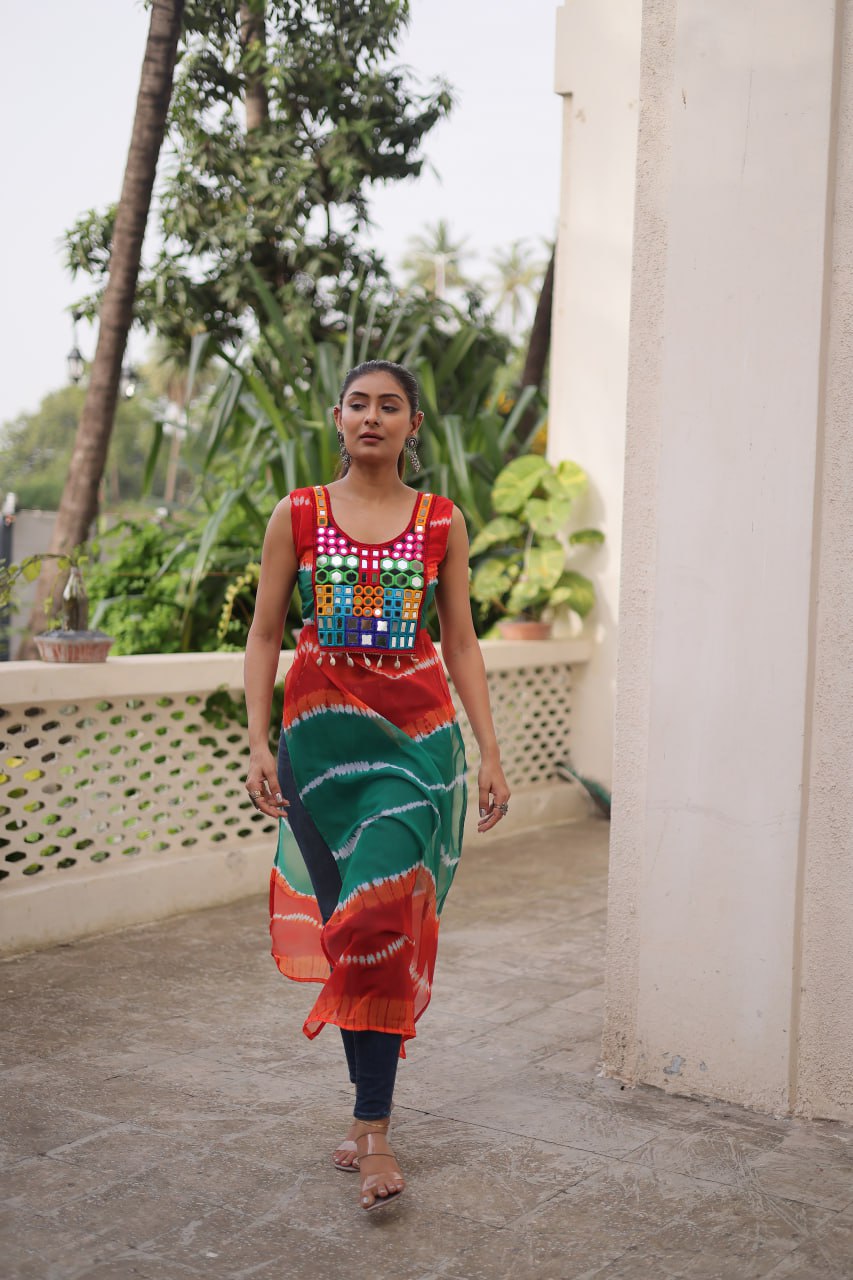 Multi Colour Bandhej Printed Georgette Kurti with Kutchi Gamthi Mirror & Codi Lace Work