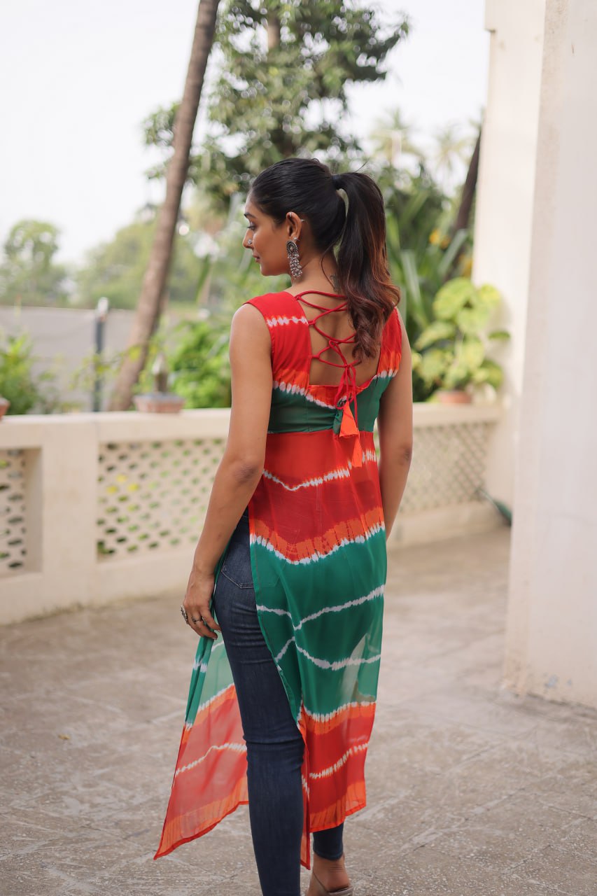 Multi Colour Bandhej Printed Georgette Kurti with Kutchi Gamthi Mirror & Codi Lace Work