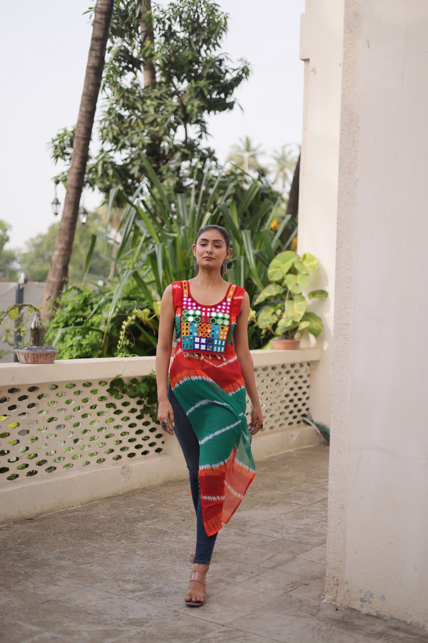 Multi Colour Bandhej Printed Georgette Kurti with Kutchi Gamthi Mirror & Codi Lace Work