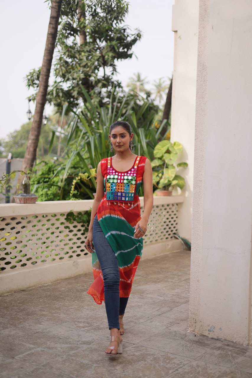 Multi Colour Bandhej Printed Georgette Kurti with Kutchi Gamthi Mirror & Codi Lace Work