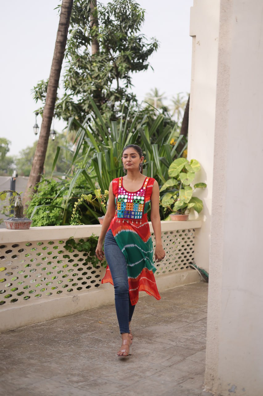 Multi Colour Bandhej Printed Georgette Kurti with Kutchi Gamthi Mirror & Codi Lace Work