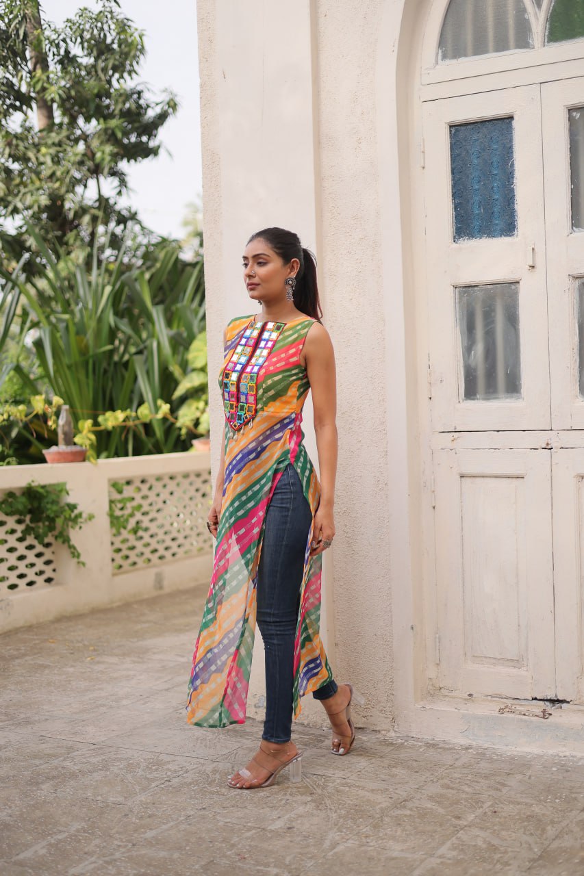 Multi Colour Bandhej Printed Georgette Kurti with Kutchi Gamthi Mirror & Codi Lace Work