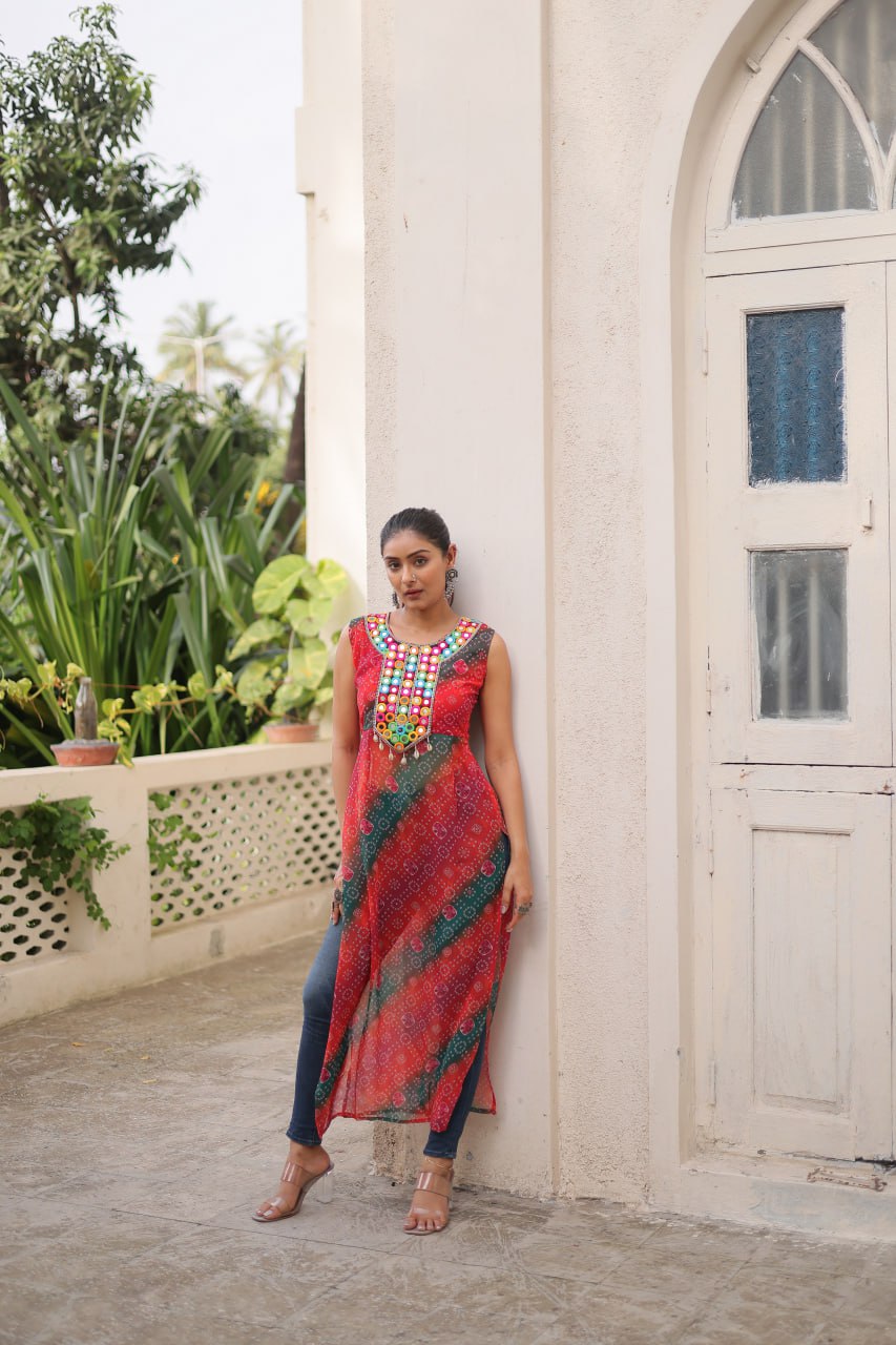 Multi Colour Bandhej Printed Georgette Kurti with Kutchi Gamthi Mirror & Codi Lace Work