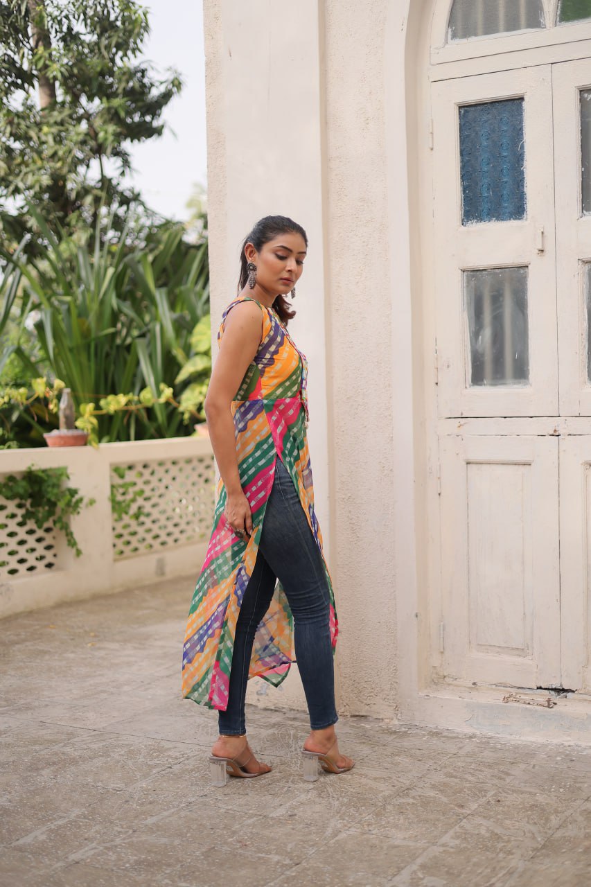 Multi Colour Bandhej Printed Georgette Kurti with Kutchi Gamthi Mirror & Codi Lace Work