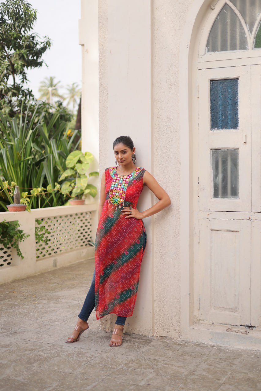 Multi Colour Bandhej Printed Georgette Kurti with Kutchi Gamthi Mirror & Codi Lace Work