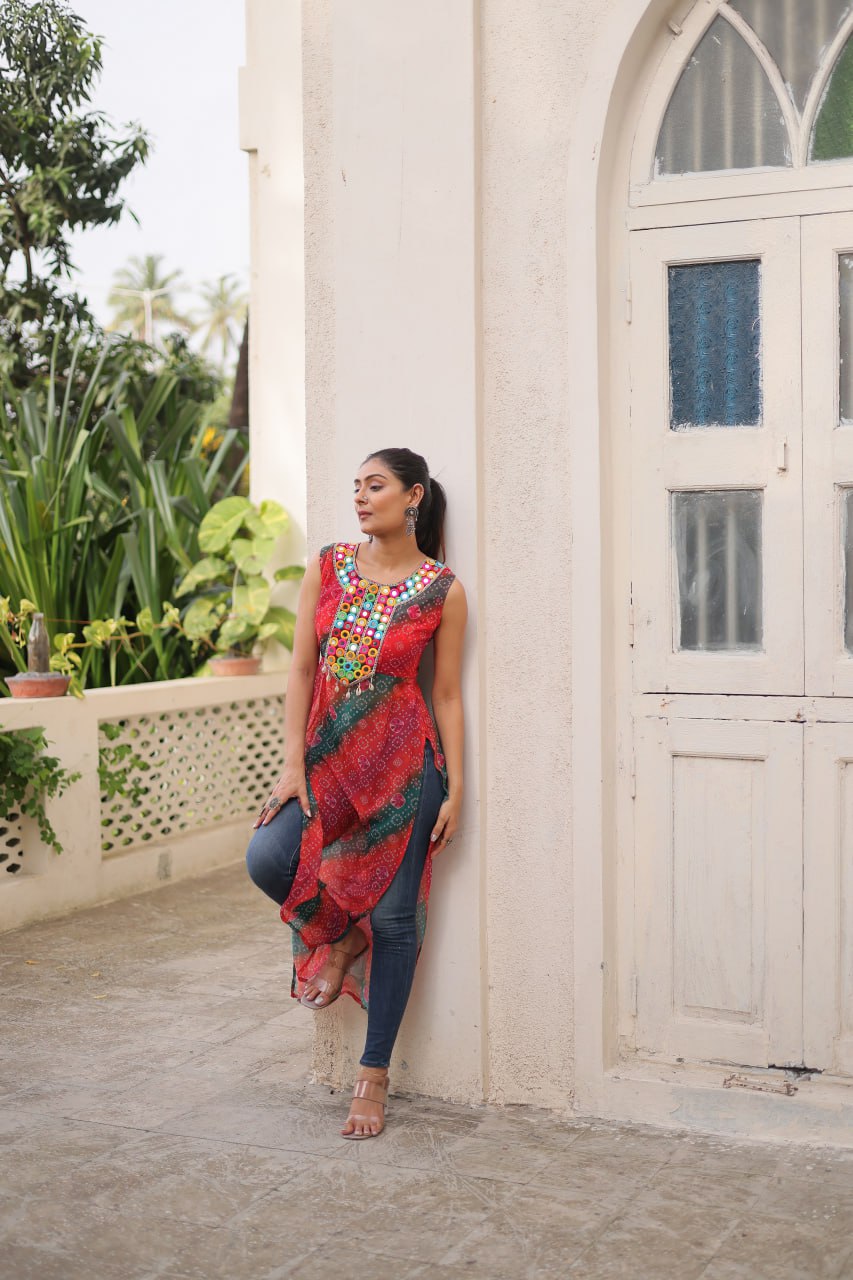 Multi Colour Bandhej Printed Georgette Kurti with Kutchi Gamthi Mirror & Codi Lace Work