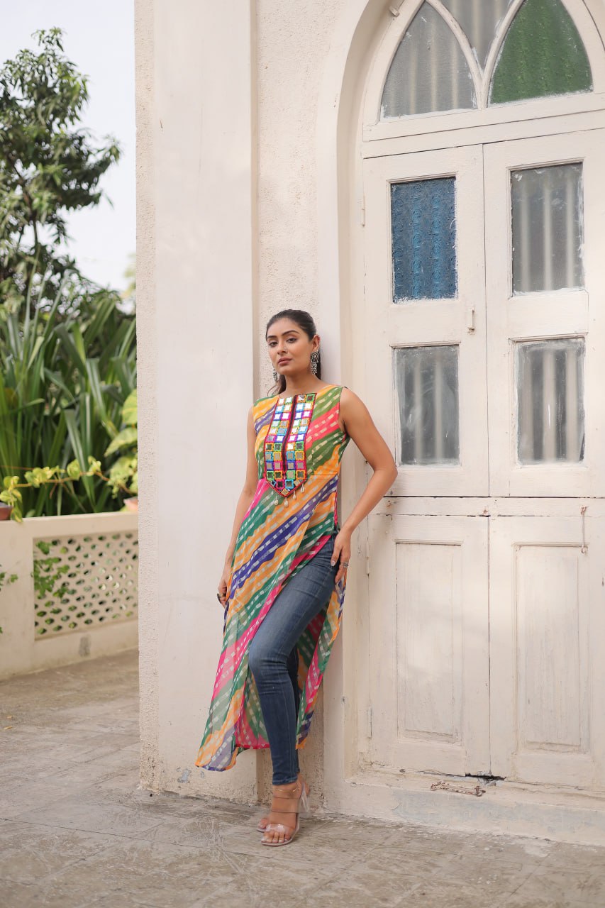 Multi Colour Bandhej Printed Georgette Kurti with Kutchi Gamthi Mirror & Codi Lace Work