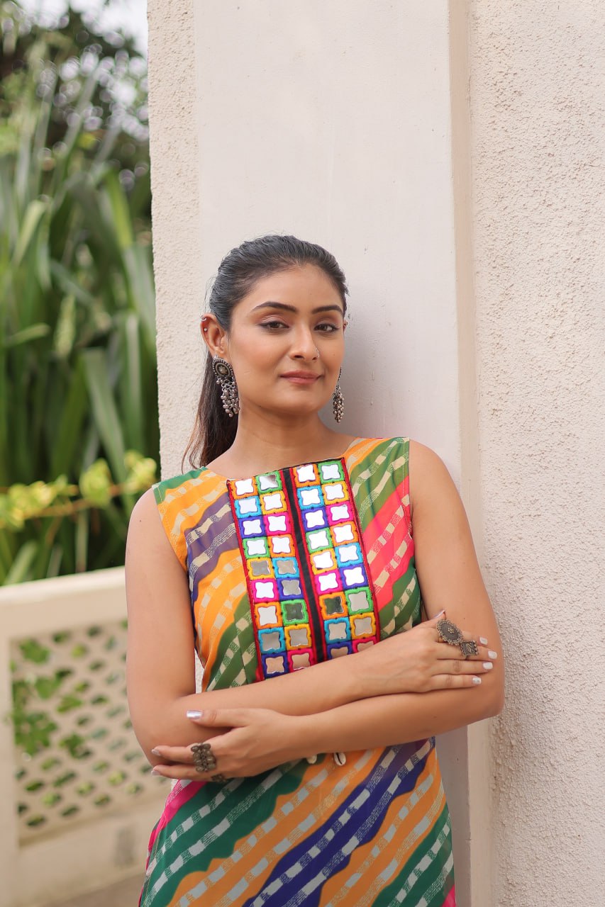 Multi Colour Bandhej Printed Georgette Kurti with Kutchi Gamthi Mirror & Codi Lace Work