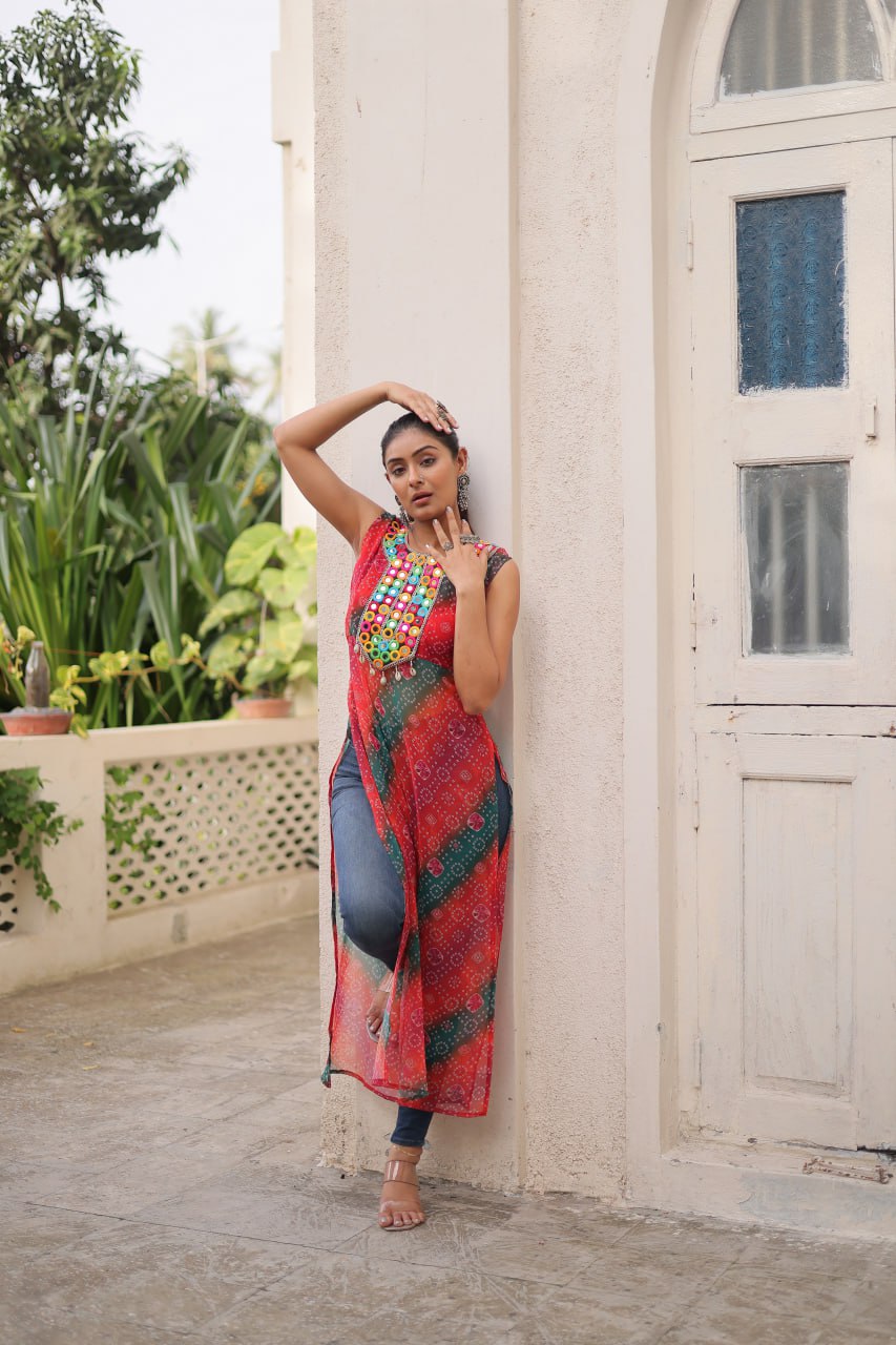 Multi Colour Bandhej Printed Georgette Kurti with Kutchi Gamthi Mirror & Codi Lace Work