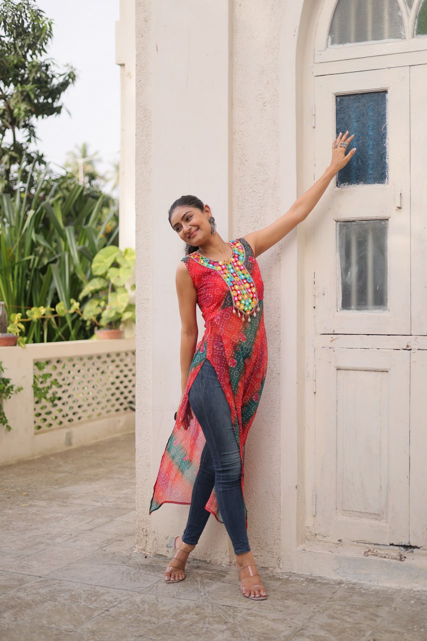 Multi Colour Bandhej Printed Georgette Kurti with Kutchi Gamthi Mirror & Codi Lace Work