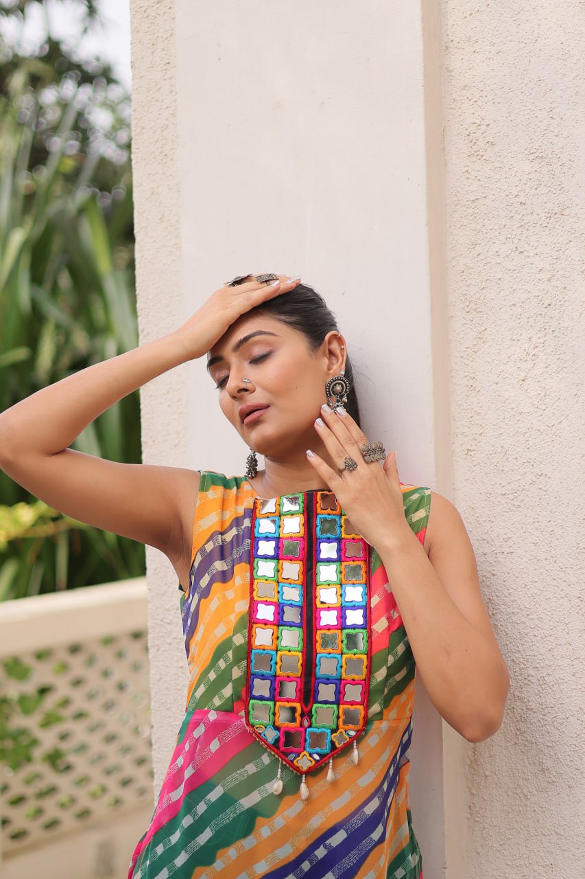 Multi Colour Bandhej Printed Georgette Kurti with Kutchi Gamthi Mirror & Codi Lace Work