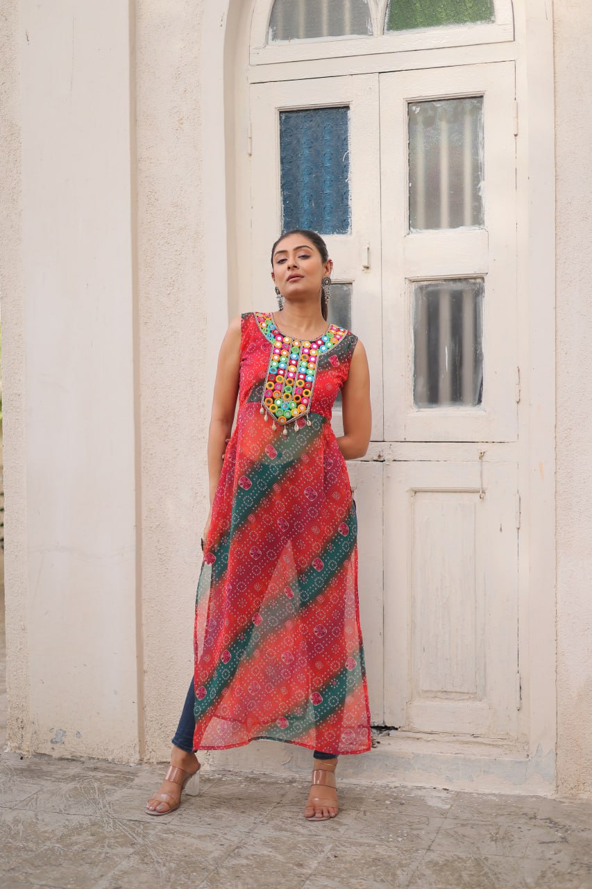 Multi Colour Bandhej Printed Georgette Kurti with Kutchi Gamthi Mirror & Codi Lace Work