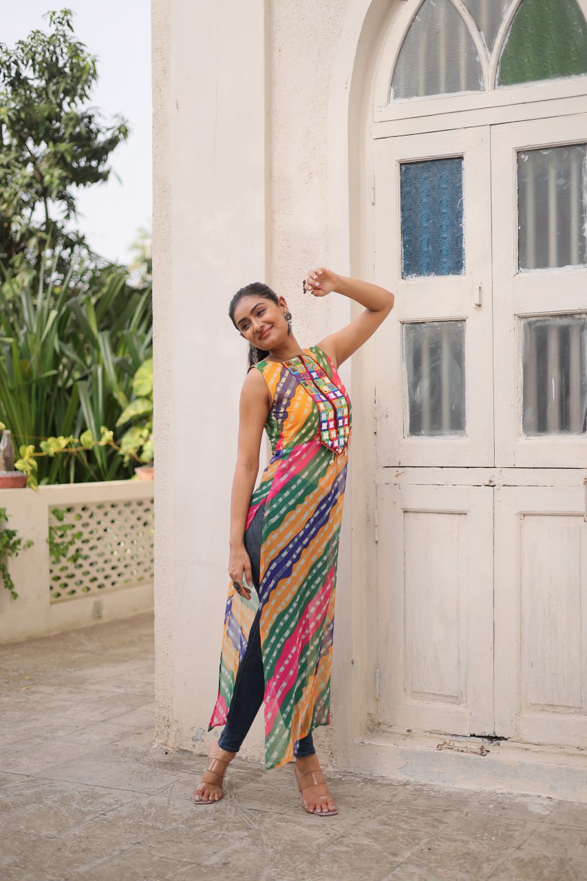 Multi Colour Bandhej Printed Georgette Kurti with Kutchi Gamthi Mirror & Codi Lace Work