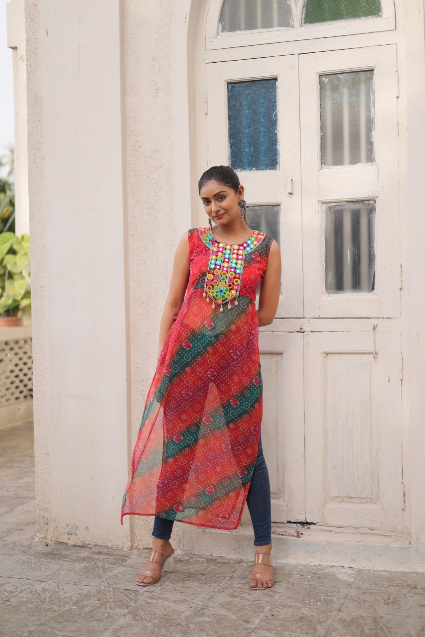 Multi Colour Bandhej Printed Georgette Kurti with Kutchi Gamthi Mirror & Codi Lace Work