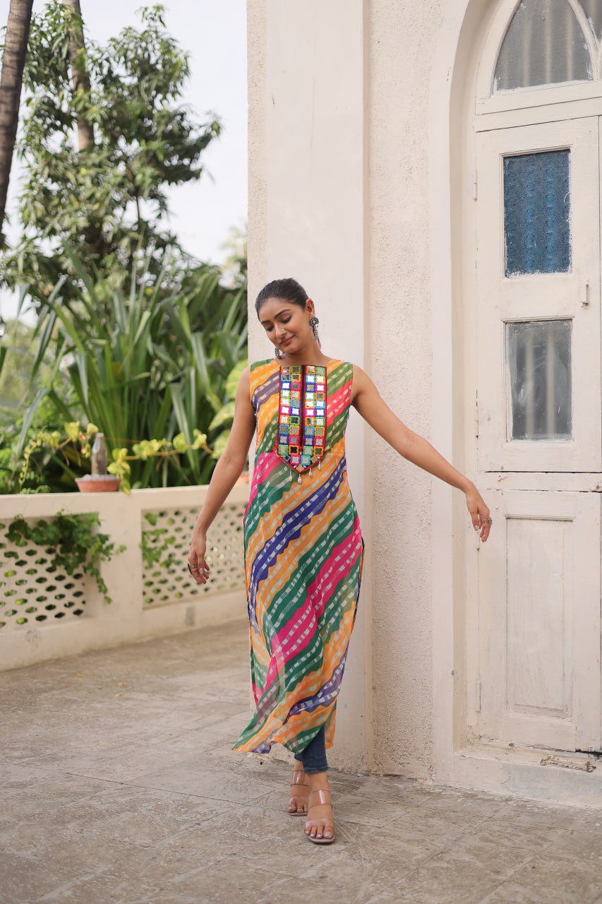 Multi Colour Bandhej Printed Georgette Kurti with Kutchi Gamthi Mirror & Codi Lace Work