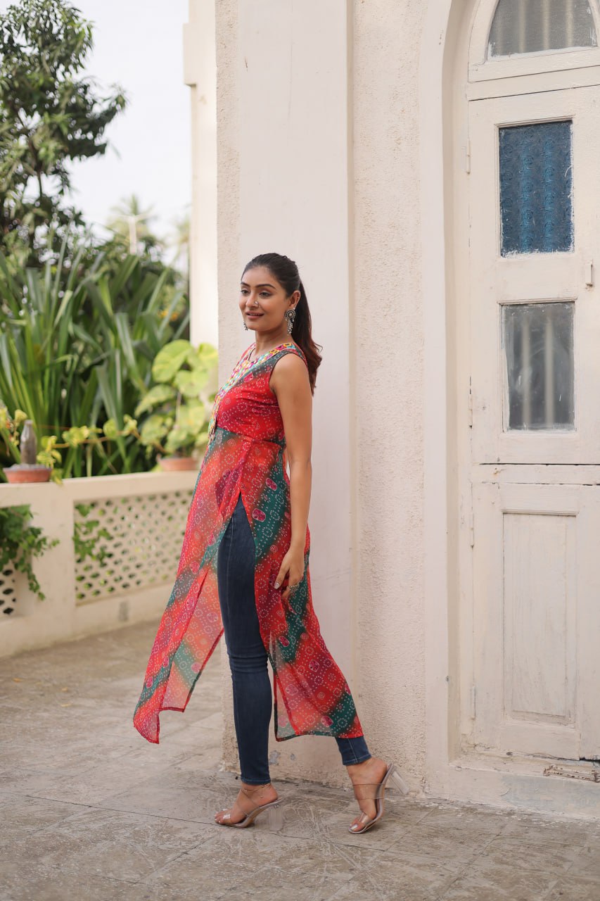 Multi Colour Bandhej Printed Georgette Kurti with Kutchi Gamthi Mirror & Codi Lace Work