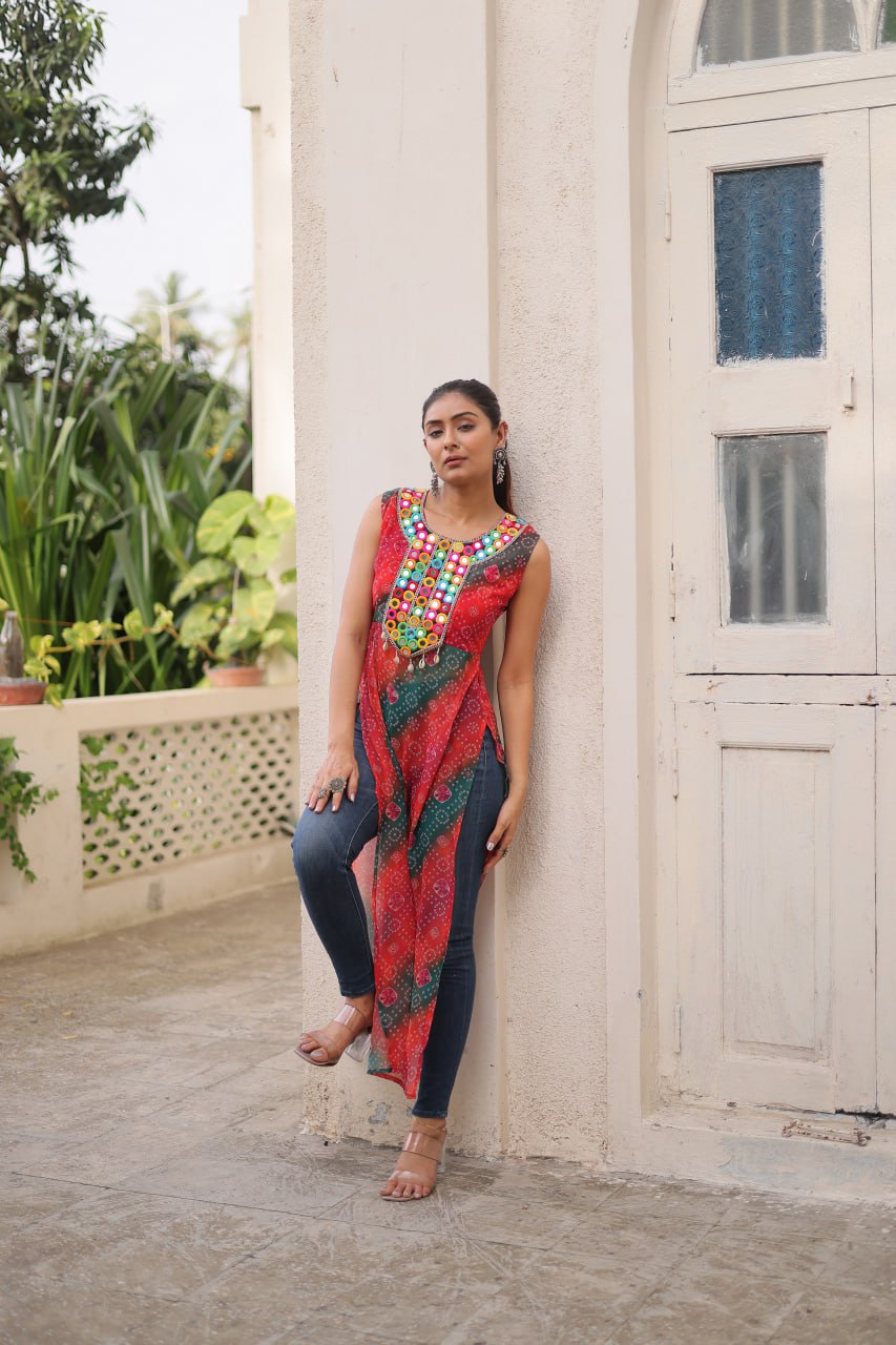 Multi Colour Bandhej Printed Georgette Kurti with Kutchi Gamthi Mirror & Codi Lace Work
