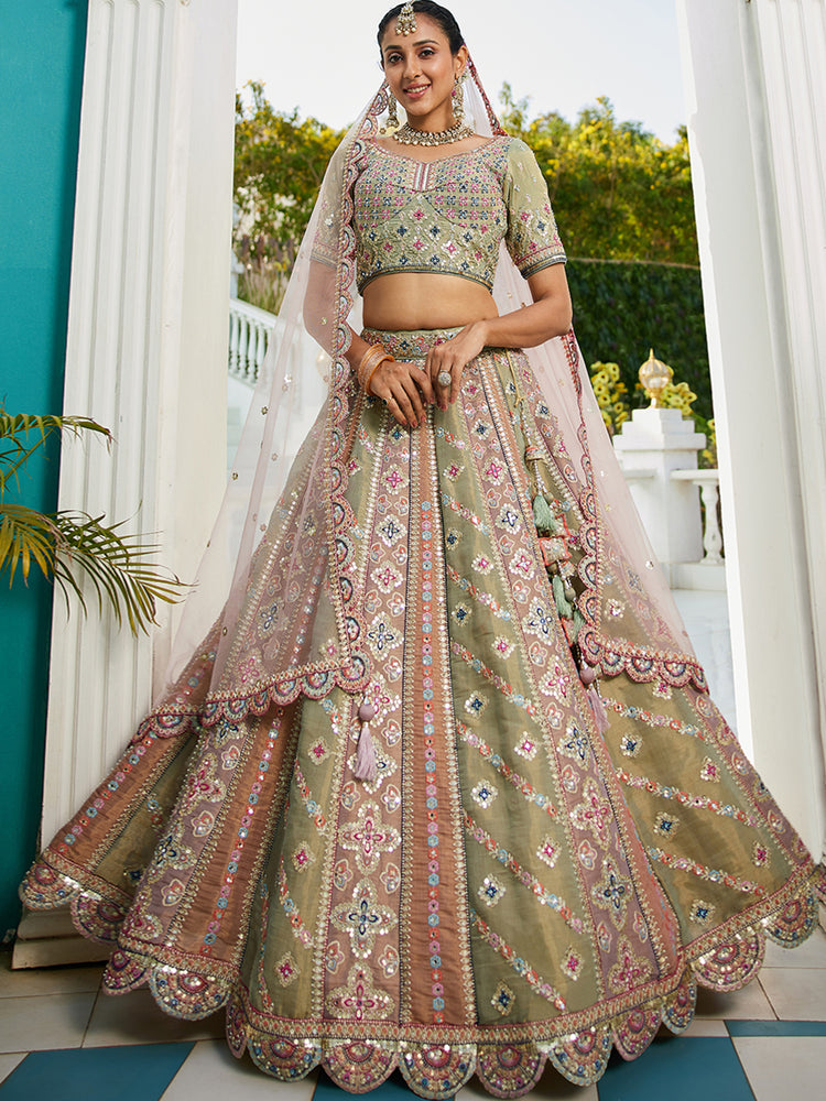 Multi colour Bridel net and Gotapatti & Moti embroidery Semi-Stitched Lehenga choli & Dupatta