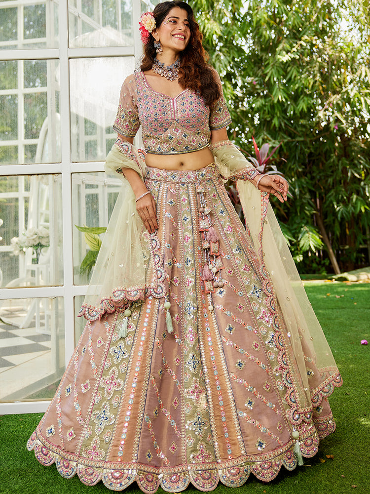 Multi colour Bridel net and Gotapatti & Moti embroidery Semi-Stitched Lehenga choli & Dupatta