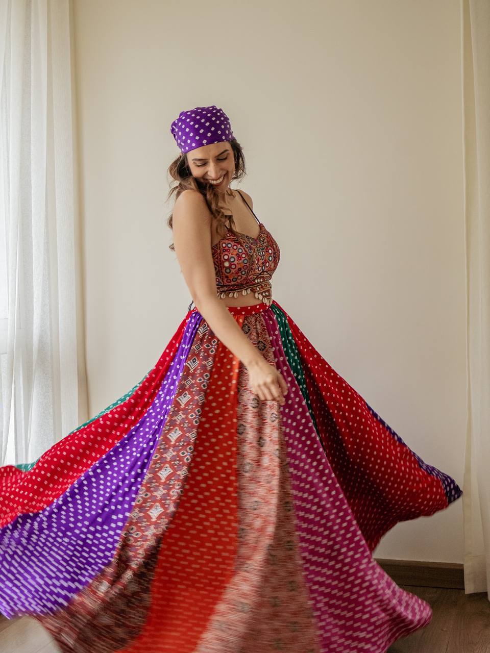 Multi Colour Designer Faux Georgette Lehenga with Digital Print & Mirror Work Blouse