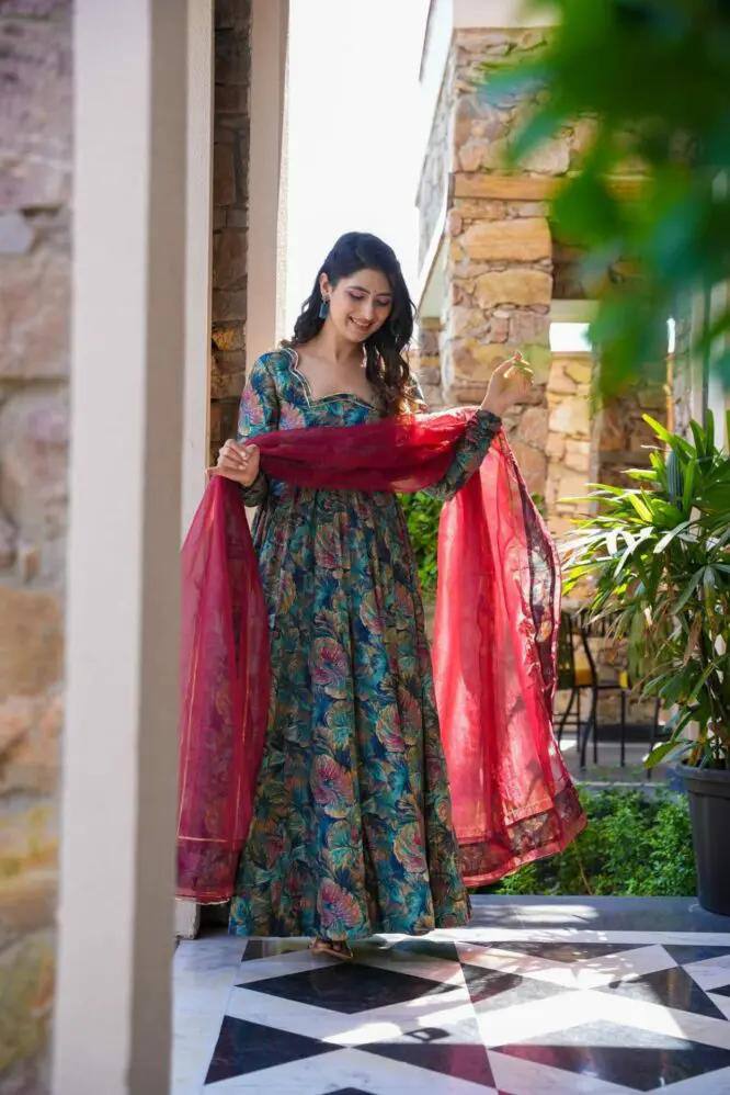 Multi Colour Designer Muslin Digital Print Kali-Cut Suit Set with Georgette Dupatta