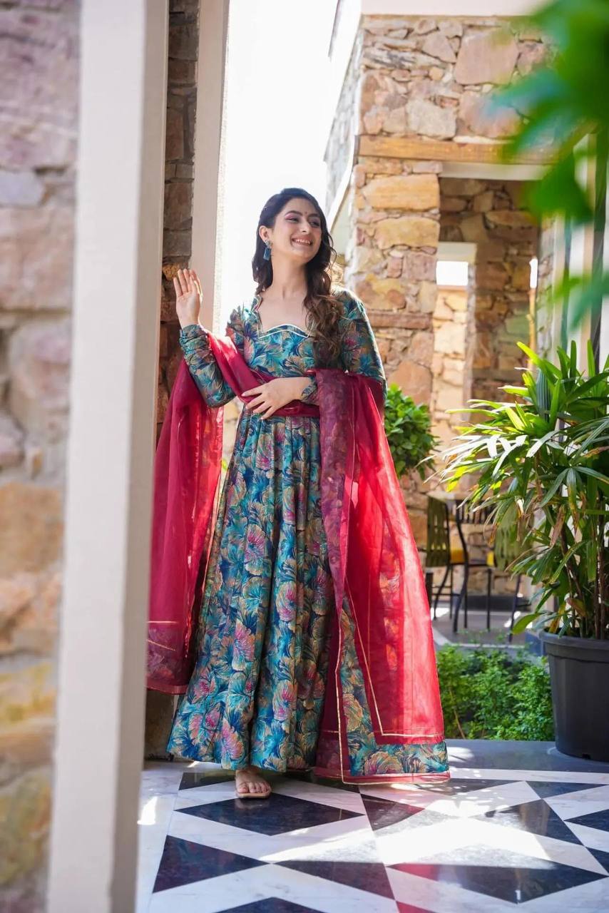 Multi Colour Designer Muslin Digital Print Kali-Cut Suit Set with Georgette Dupatta
